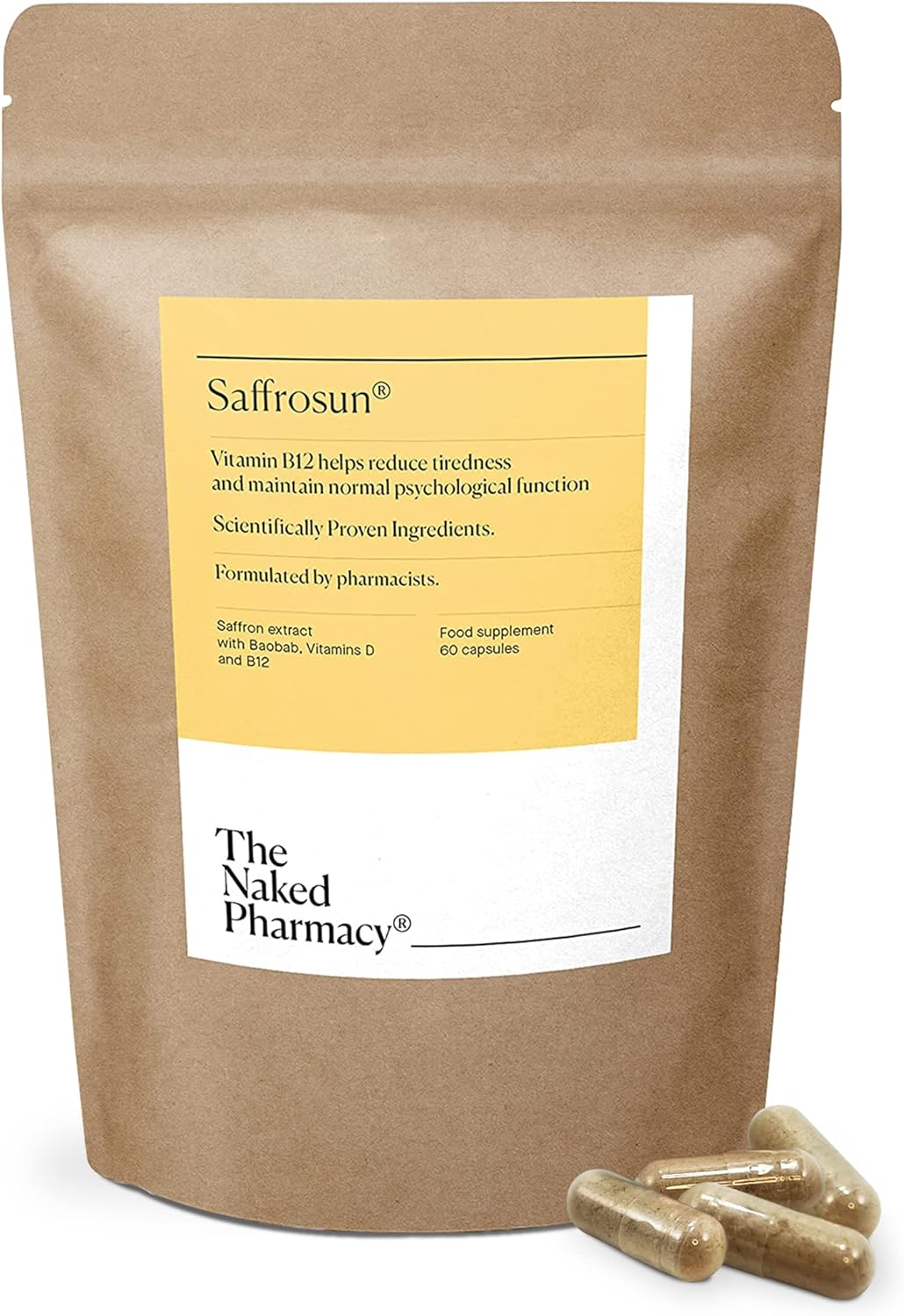 Saffrosun Natural Saffron Supplements with Vitamin B12 for Fatigue & Menopause - High Strength Vegan Capsules