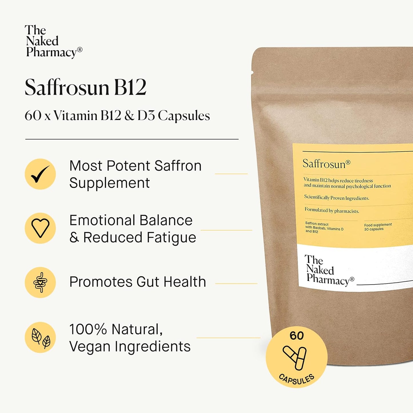 Saffrosun Natural Saffron Supplements with Vitamin B12 for Fatigue & Menopause - High Strength Vegan Capsules