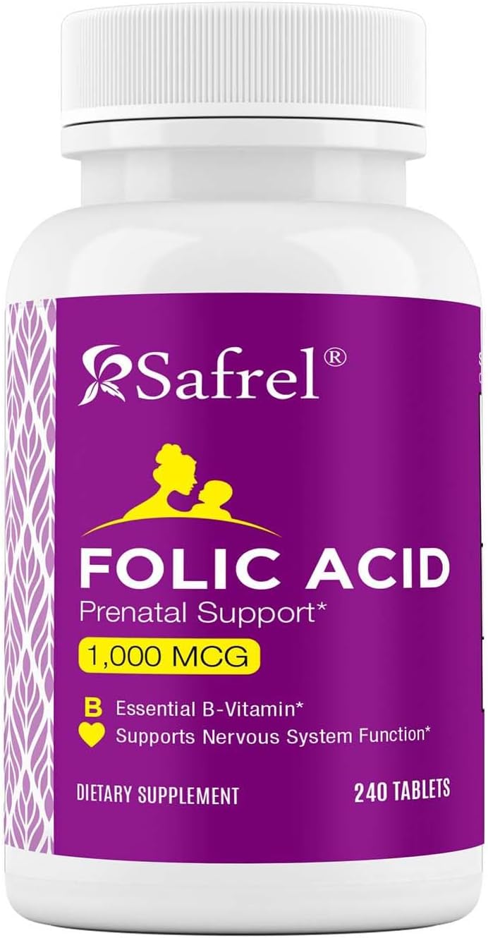 Safrel Folic Acid 1000 mcg (1 mg) - Vitamin B9 Supplement for Fetal Development and Red Blood Cell Production - 240 Tablets, Non-GMO Vegan Formula
