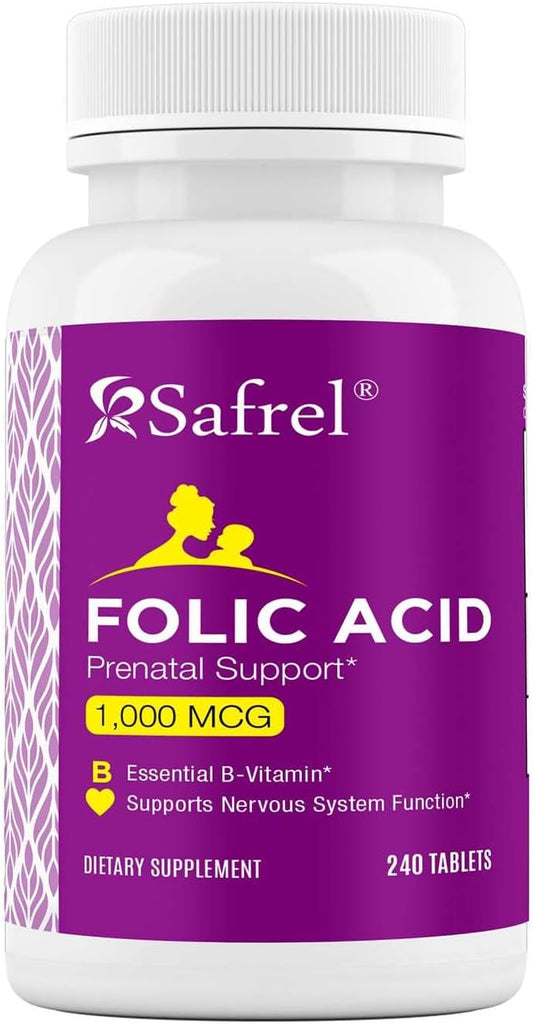 Safrel Folic Acid 1000 mcg (1 mg) - Vitamin B9 Supplement for Fetal Development and Red Blood Cell Production - 240 Tablets, Non-GMO Vegan Formula