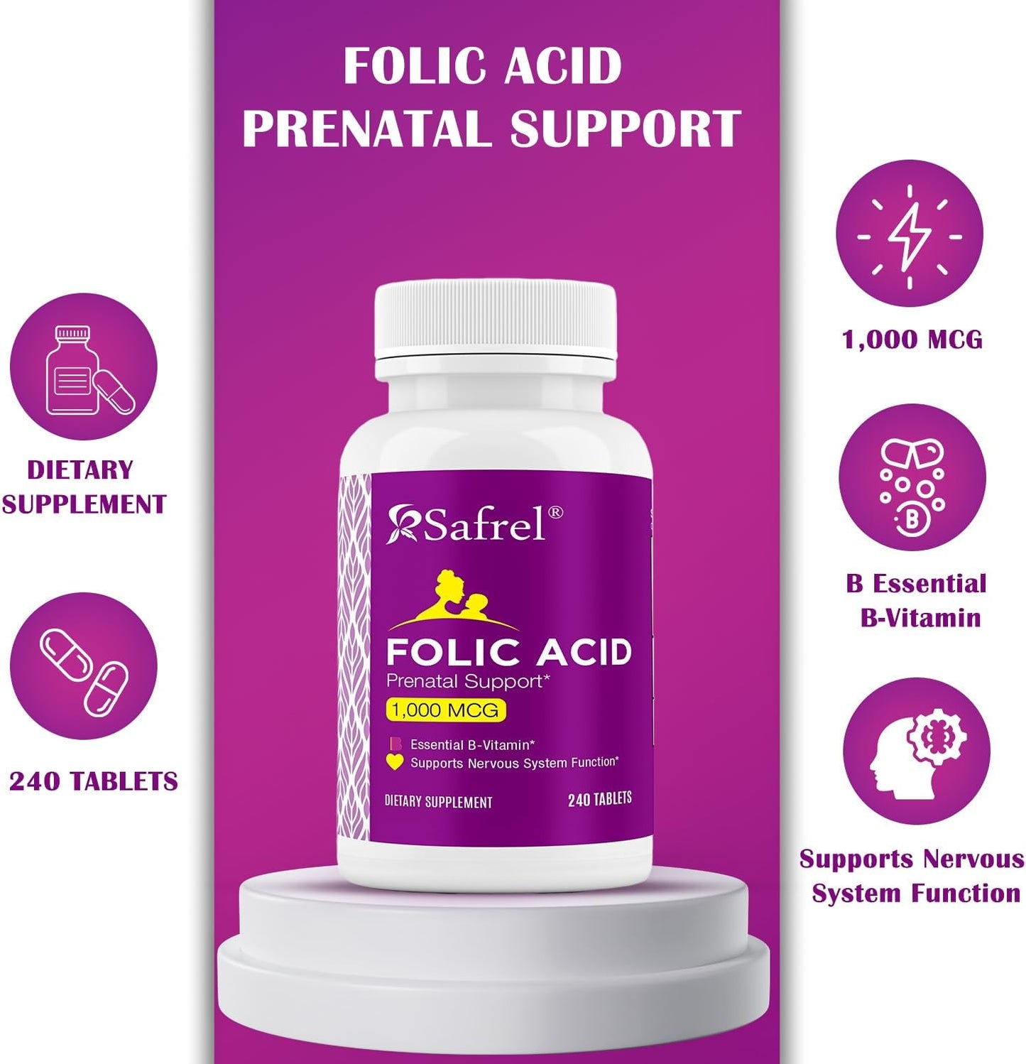 Safrel Folic Acid 1000 mcg (1 mg) - Vitamin B9 Supplement for Fetal Development and Red Blood Cell Production - 240 Tablets, Non-GMO Vegan Formula