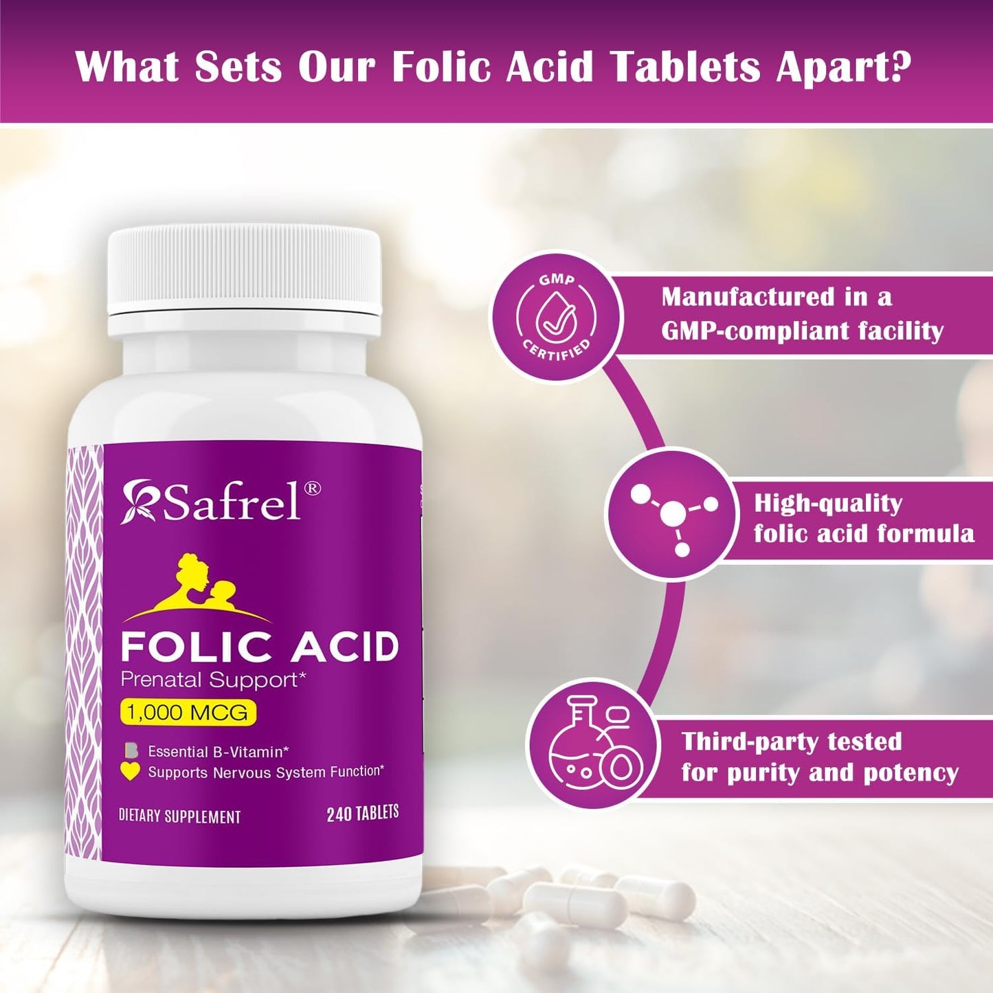 Safrel Folic Acid 1000 mcg (1 mg) - Vitamin B9 Supplement for Fetal Development and Red Blood Cell Production - 240 Tablets, Non-GMO Vegan Formula