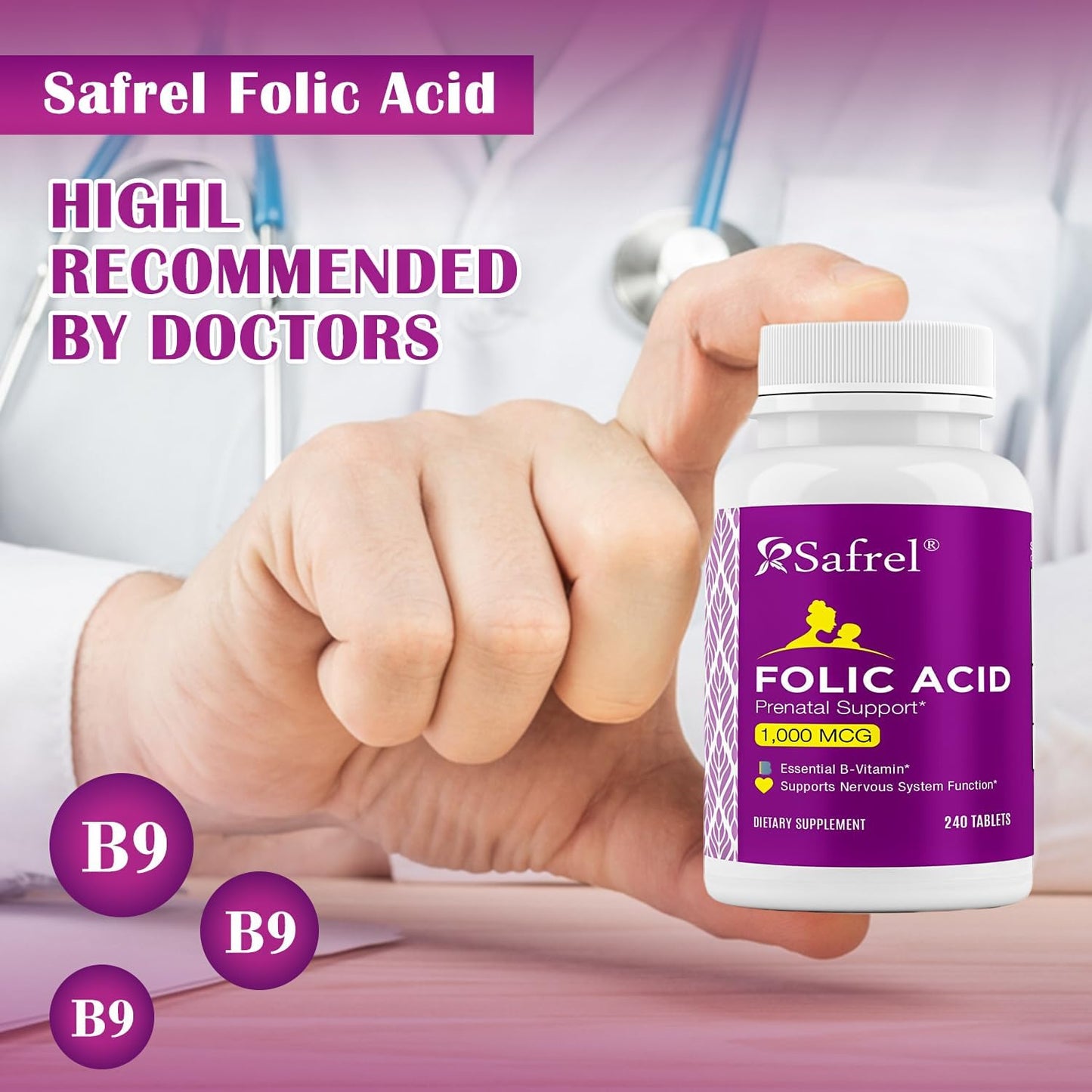 Safrel Folic Acid 1000 mcg (1 mg) - Vitamin B9 Supplement for Fetal Development and Red Blood Cell Production - 240 Tablets, Non-GMO Vegan Formula