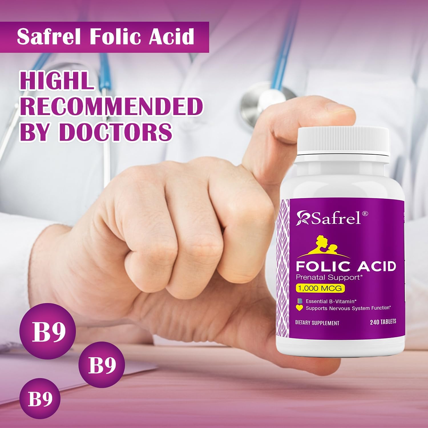 Safrel Folic Acid 1000 mcg (1 mg) - Vitamin B9 Supplement for Fetal Development and Red Blood Cell Production - 240 Tablets, Non-GMO Vegan Formula