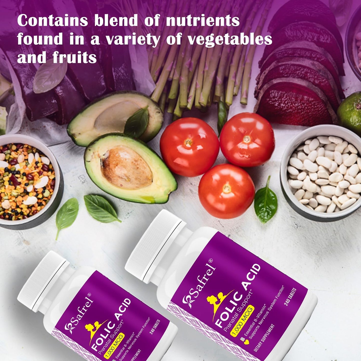 Safrel Folic Acid 1000 mcg (1 mg) - Vitamin B9 Supplement for Fetal Development and Red Blood Cell Production - 240 Tablets, Non-GMO Vegan Formula