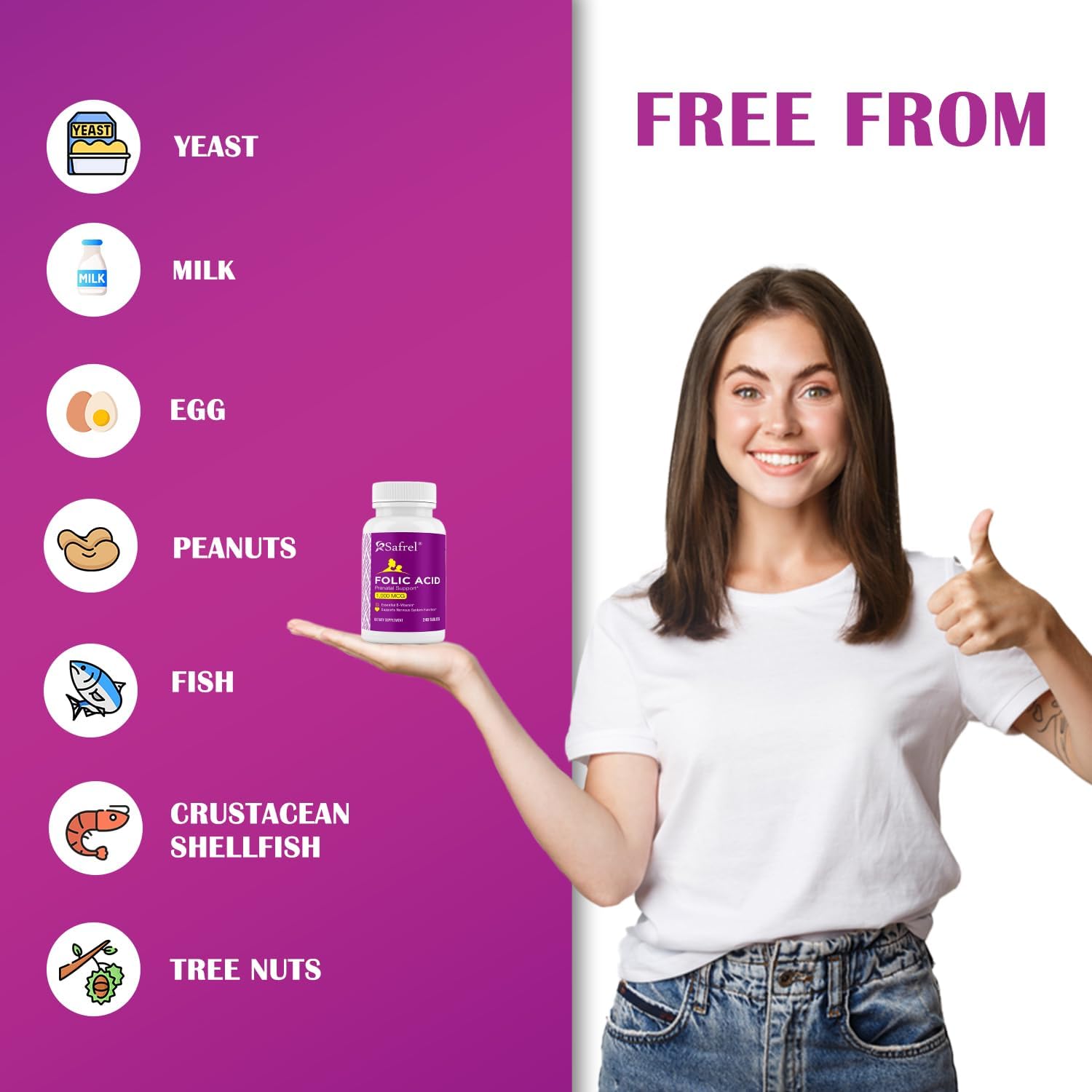 Safrel Folic Acid 1000 mcg (1 mg) - Vitamin B9 Supplement for Fetal Development and Red Blood Cell Production - 240 Tablets, Non-GMO Vegan Formula