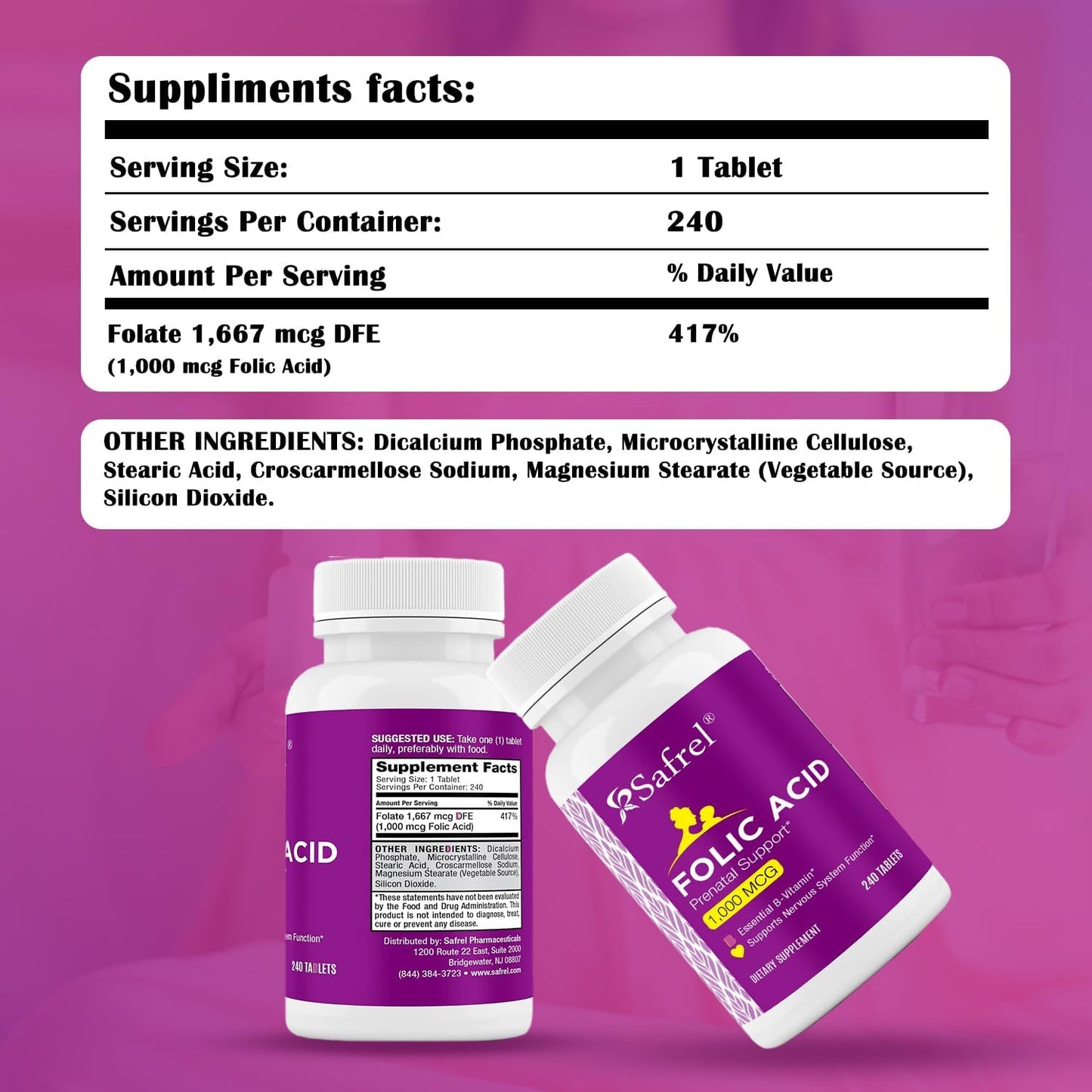 Safrel Folic Acid 1000 mcg (1 mg) - Vitamin B9 Supplement for Fetal Development and Red Blood Cell Production - 240 Tablets, Non-GMO Vegan Formula