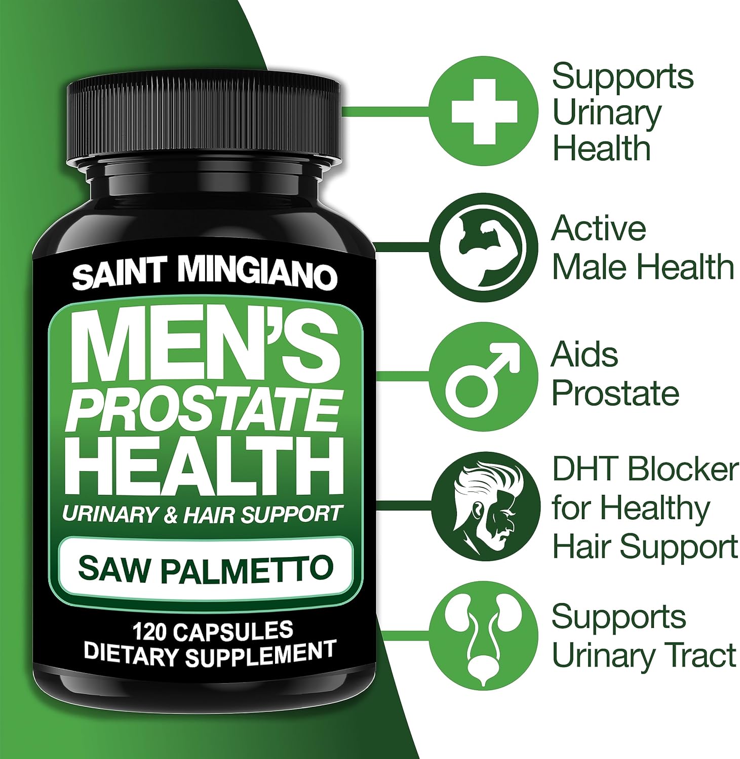 Saint Mingiano Men's Prostate Health Supplements - 120 Capsules with Saw Palmetto for Urinary & Hair Health - 3 Month Supply