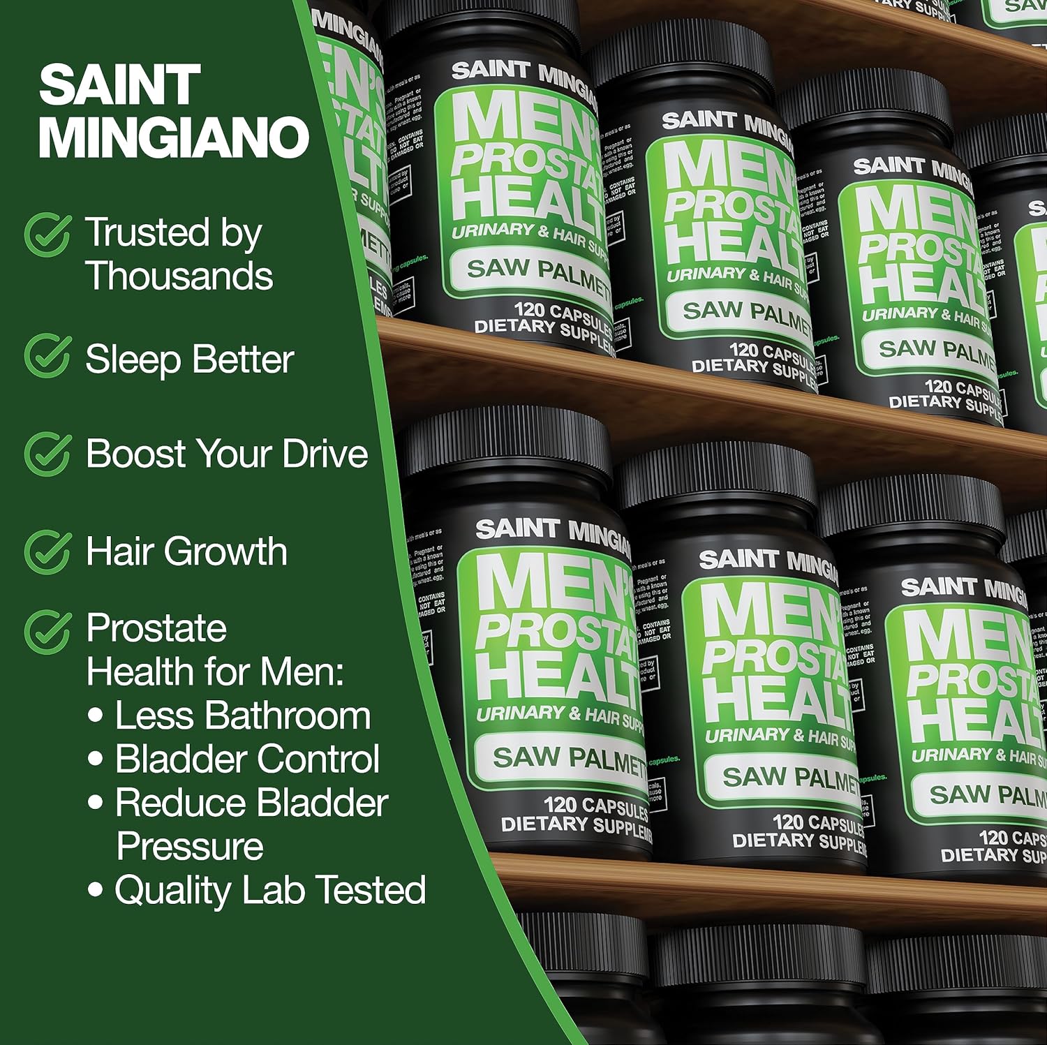 Saint Mingiano Men's Prostate Health Supplements - 120 Capsules with Saw Palmetto for Urinary & Hair Health - 3 Month Supply