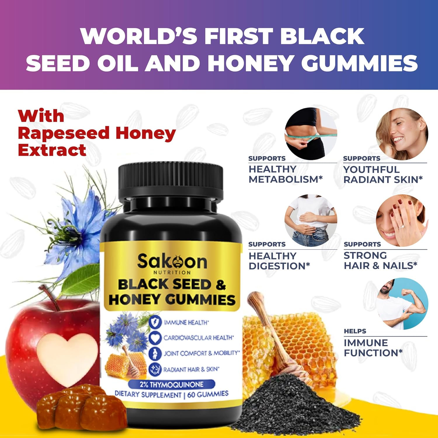 Sakoon Nutrition Black Seed Oil Gummies with Honey - Immune Support & Antioxidant Boost - 60 Gummies