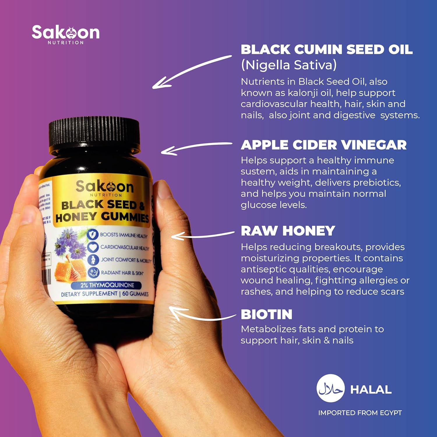 Sakoon Nutrition Black Seed Oil Gummies with Honey - Immune Support & Antioxidant Boost - 60 Gummies