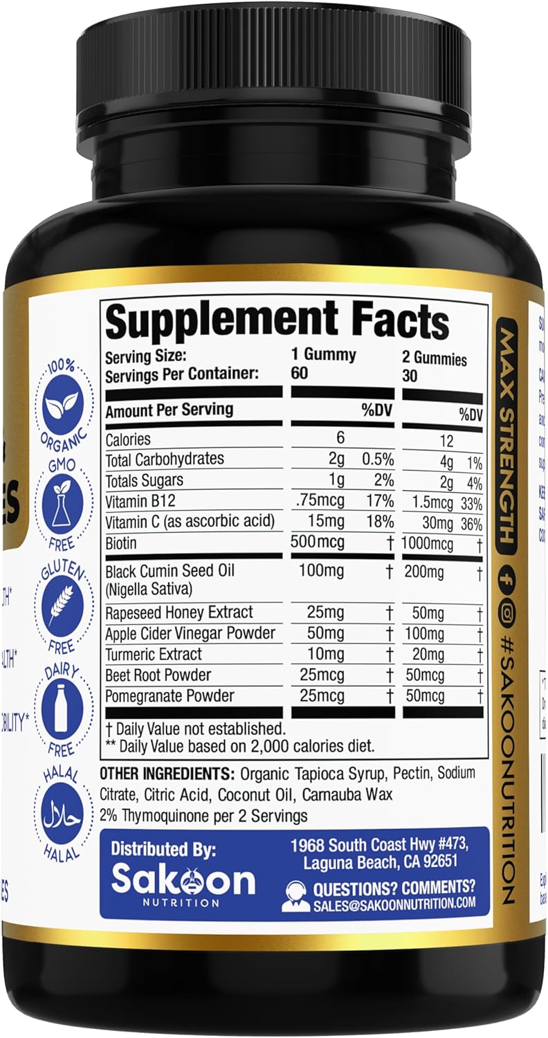 Sakoon Nutrition Black Seed Oil Gummies with Honey - Immune Support & Antioxidant Boost - 60 Gummies