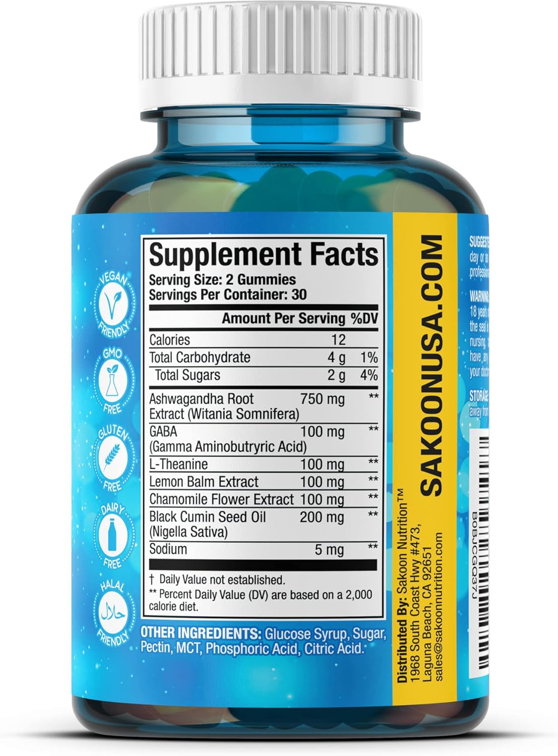 Sakoon Nutrition Stress Relief Gummies with Ashwagandha, GABA, L-theanine, Lemon Balm, Chamomile, Black Cumin Seed - 60ct