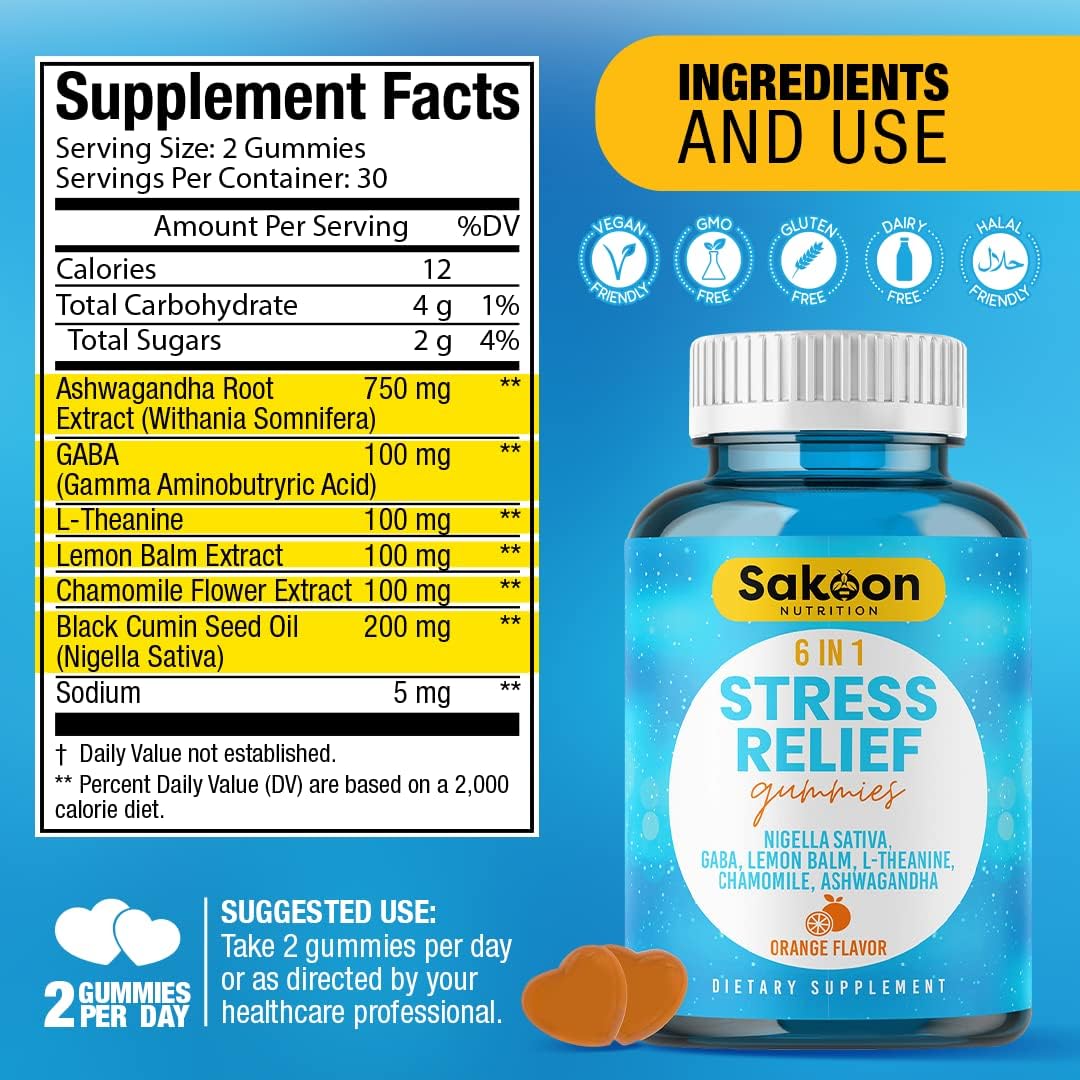 Sakoon Nutrition Stress Relief Gummies with Ashwagandha, GABA, L-theanine, Lemon Balm, Chamomile, Black Cumin Seed - 60ct