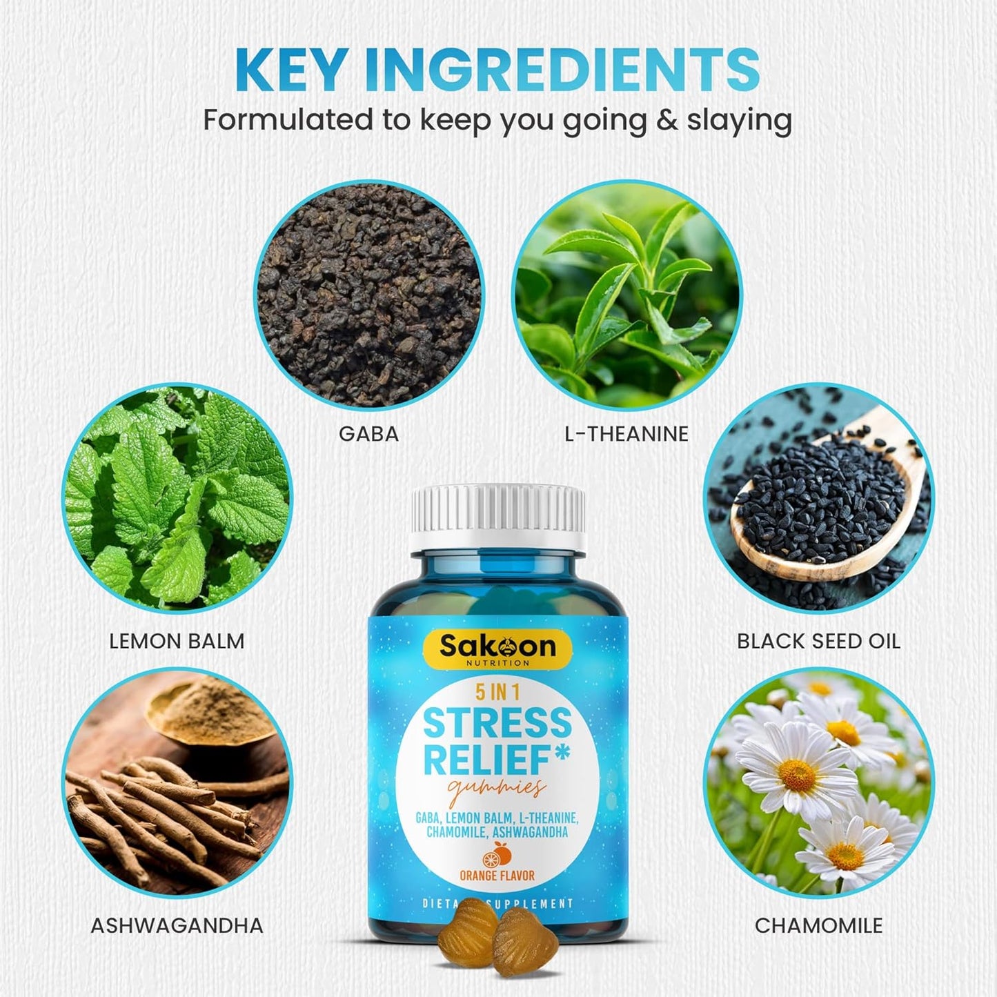 Sakoon Nutrition Stress Relief Gummies with Ashwagandha, GABA, L-theanine, Lemon Balm, Chamomile, Black Cumin Seed - 60ct