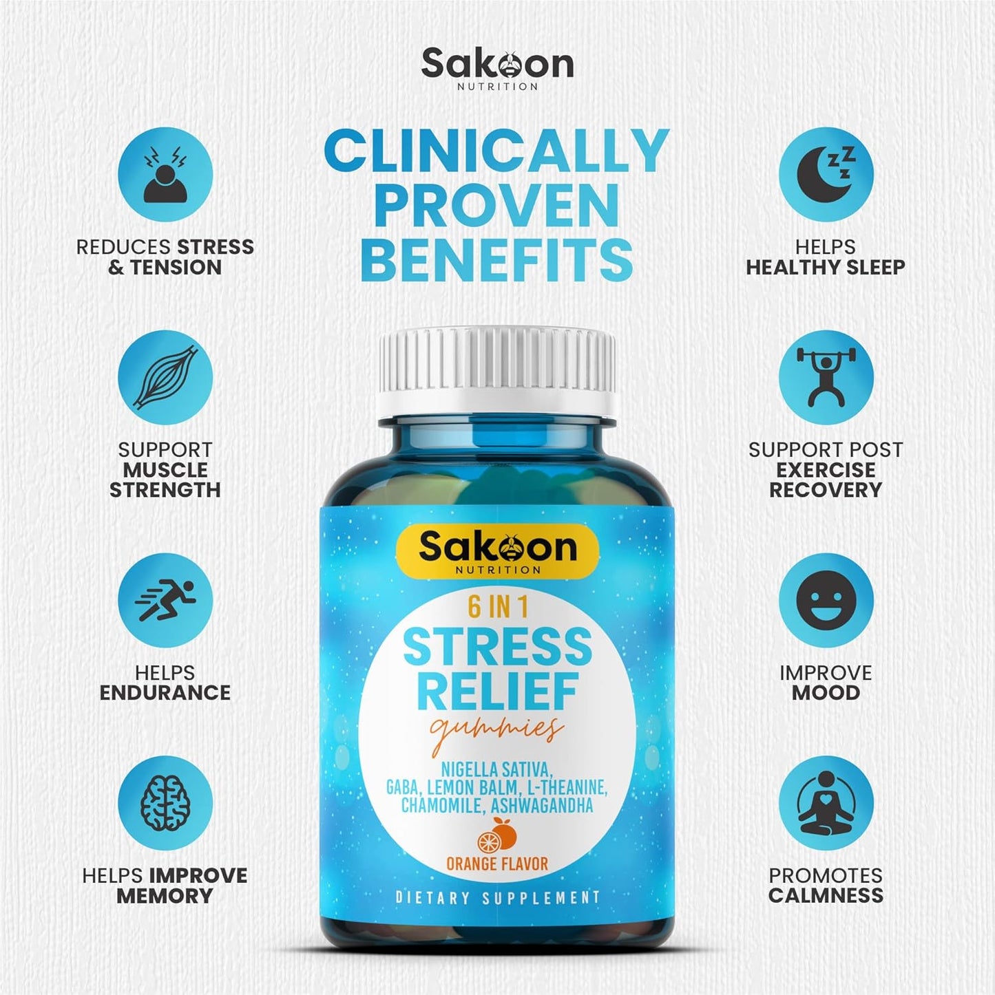 Sakoon Nutrition Stress Relief Gummies with Ashwagandha, GABA, L-theanine, Lemon Balm, Chamomile, Black Cumin Seed - 60ct