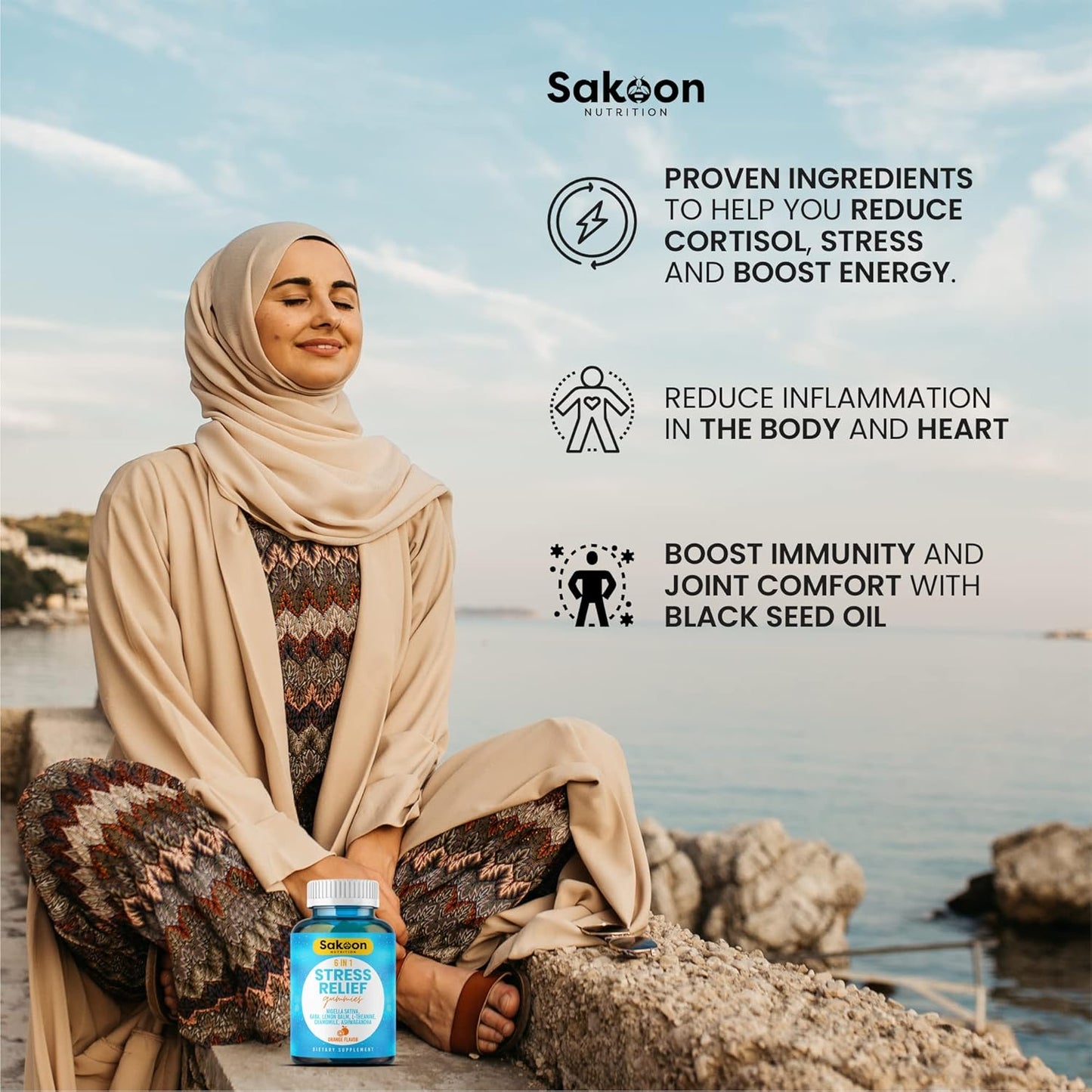 Sakoon Nutrition Stress Relief Gummies with Ashwagandha, GABA, L-theanine, Lemon Balm, Chamomile, Black Cumin Seed - 60ct