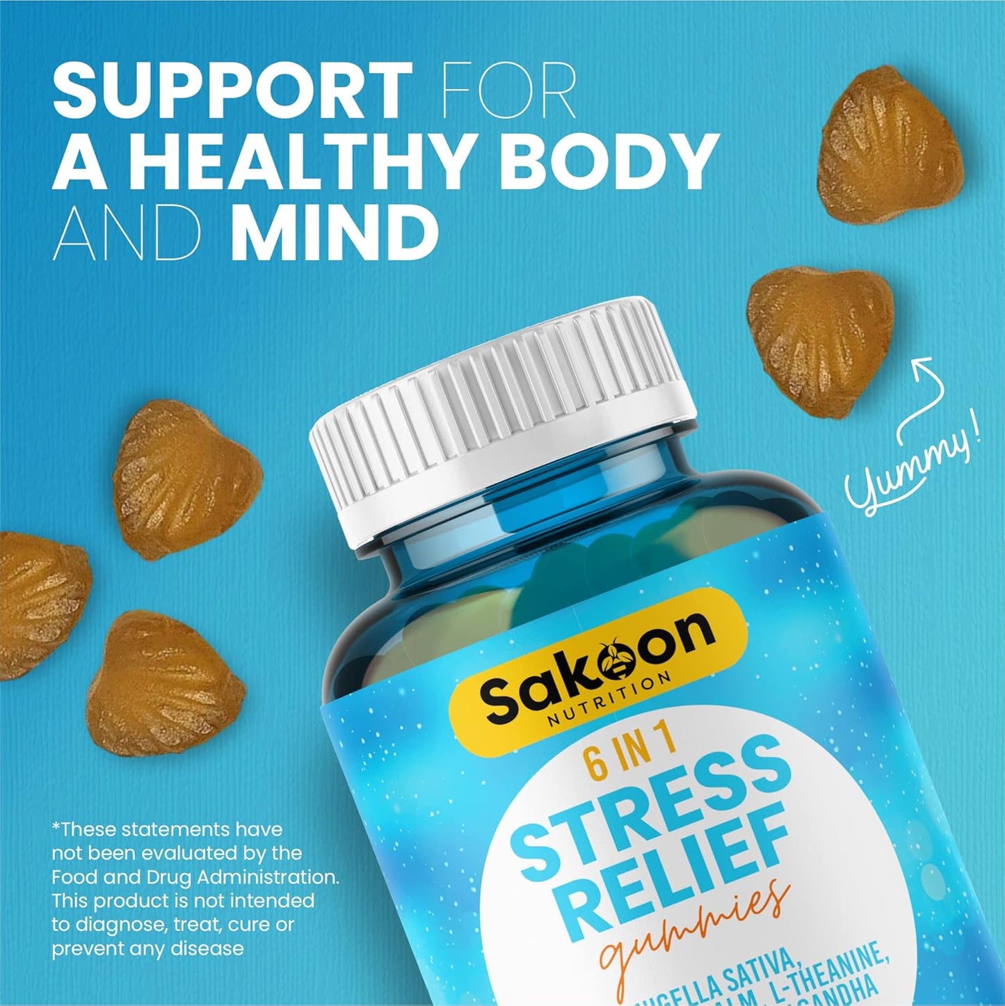 Sakoon Nutrition Stress Relief Gummies with Ashwagandha, GABA, L-theanine, Lemon Balm, Chamomile, Black Cumin Seed - 60ct