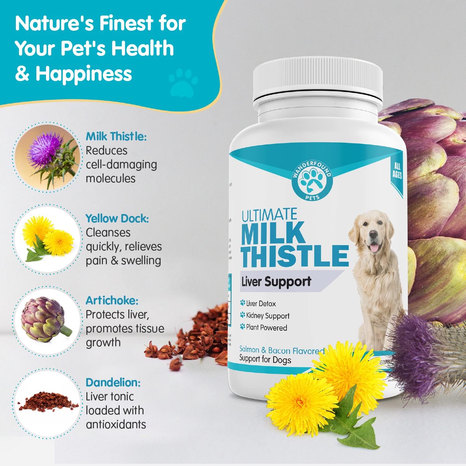 Salmon & Bacon Flavored Milk Thistle for Dogs - Natural Liver Support - Kidney Cleanse & Detox Formula - 100 Chewable Tablets - Made in USA