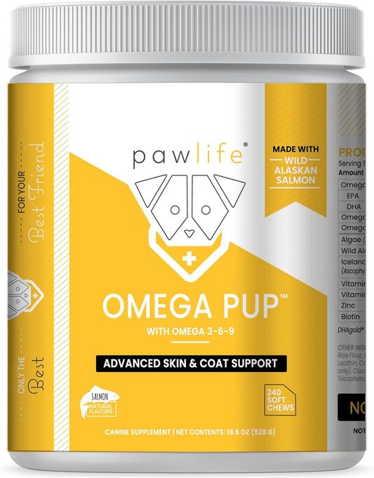 Salmon Flavored Dog Fish Oil Supplements - 240 Omega 3 Vitamins for Itching Relief, Skin & Coat Support - Veterinarian Formulated