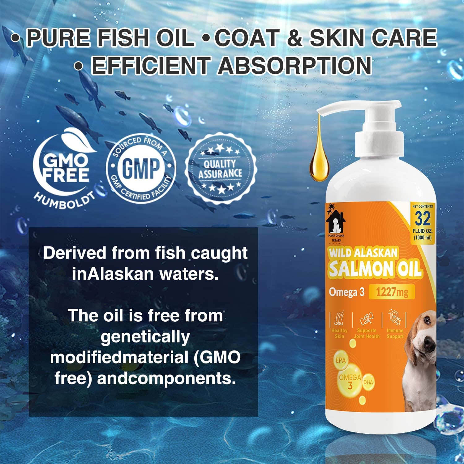 Salmon Oil for Dogs & Cats | Omega 3 Fish Oil Supplement for Healthy Skin & Coat, Joint Support, Allergy Relief | 32oz