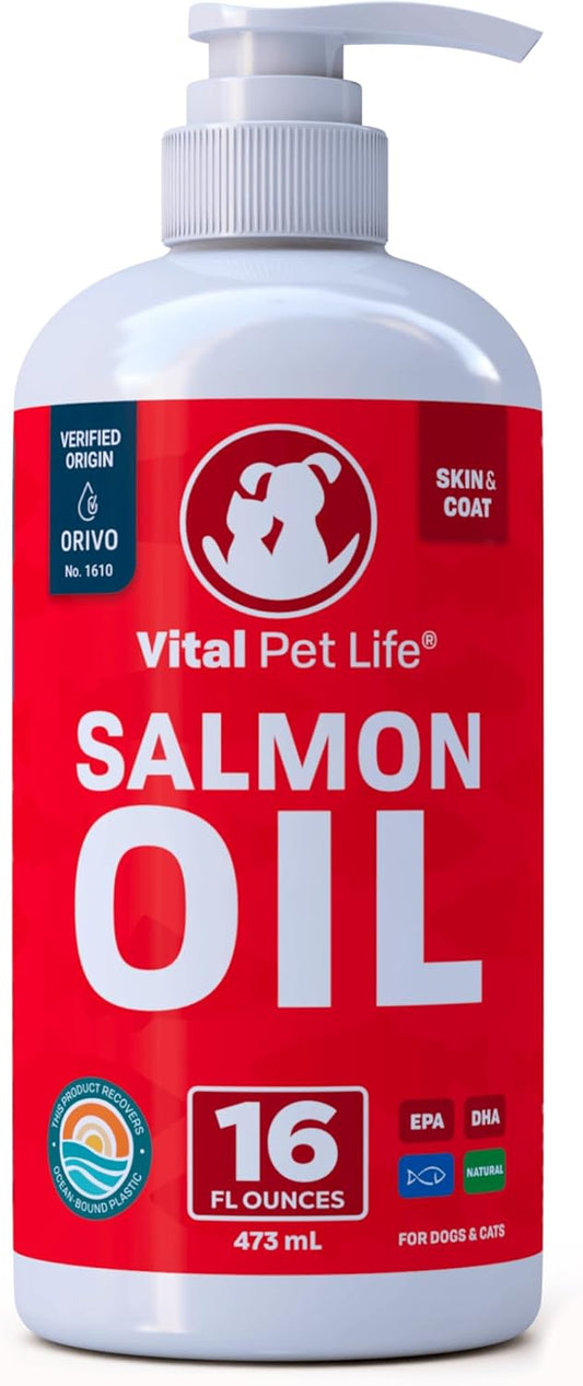 Salmon Oil Liquid Supplement for Pets - Omega 3 EPA DHA, Healthy Skin & Coat, Joint Support - 16 oz