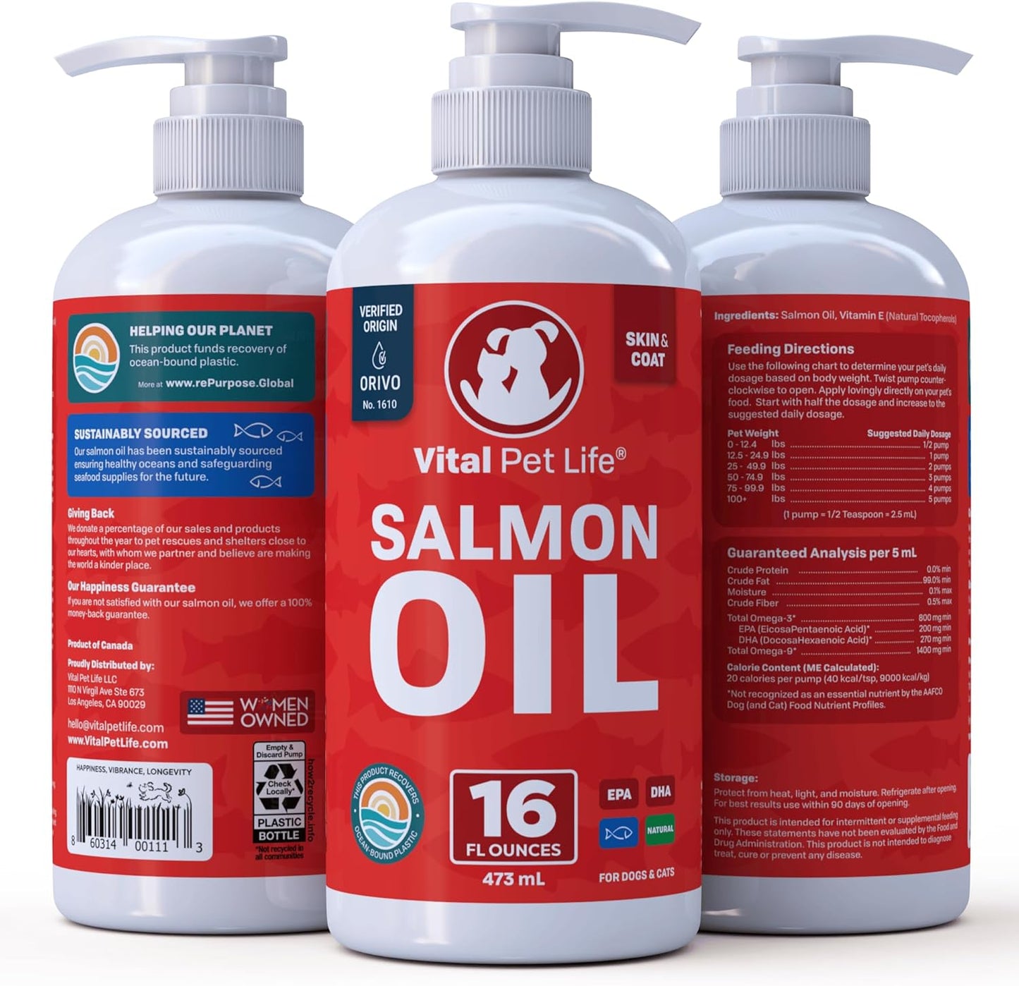 Salmon Oil Liquid Supplement for Pets - Omega 3 EPA DHA, Healthy Skin & Coat, Joint Support - 16 oz