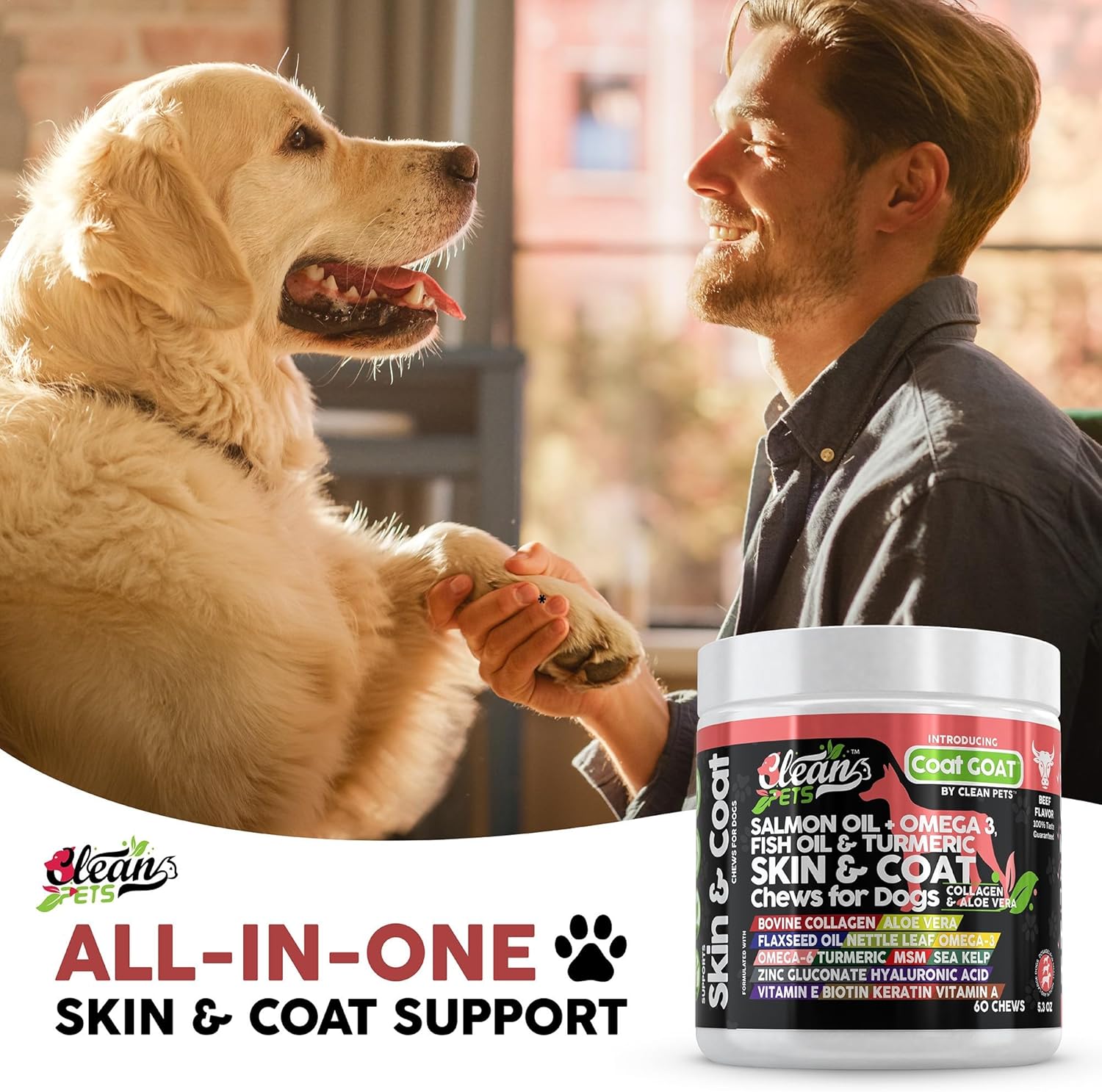 Salmon Oil Omega 3 Fish Oil for Dogs Skin and Coat Supplement with Collagen, Aloe Vera, Biotin, Flaxseed, and Vitamins