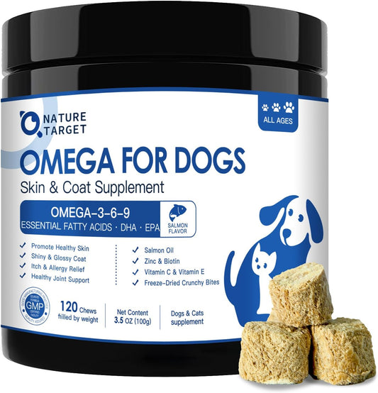 Salmon Oil Omega 3 for Dogs with EPA & DHA Fatty Acids - Skin & Coat Supplement for Itch Relief, Anti-Shedding - 120 Count