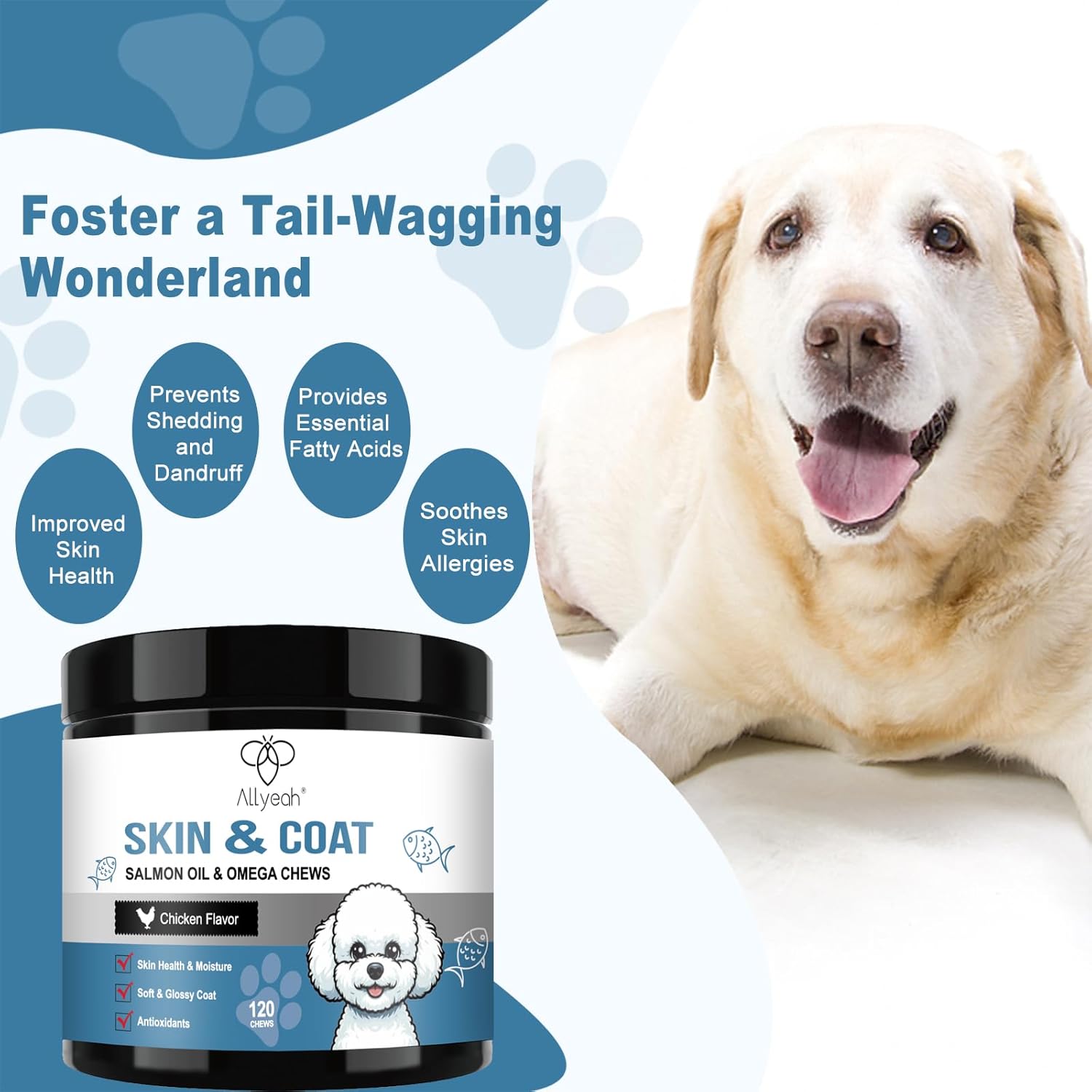 Salmon Oil Skin and Coat Supplement for Dogs - Omega 3 Fish Oil for Dog Allergy Relief, Itchy Skin, Shedding, Shiny Coats - EPA & DHA Formula