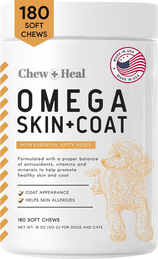 Salmon Oil Soft Chews for Dogs - Skin & Coat Omega Treats with Essential Fatty Acids, Vitamins, and Antioxidants - Made in USA - 180 Count