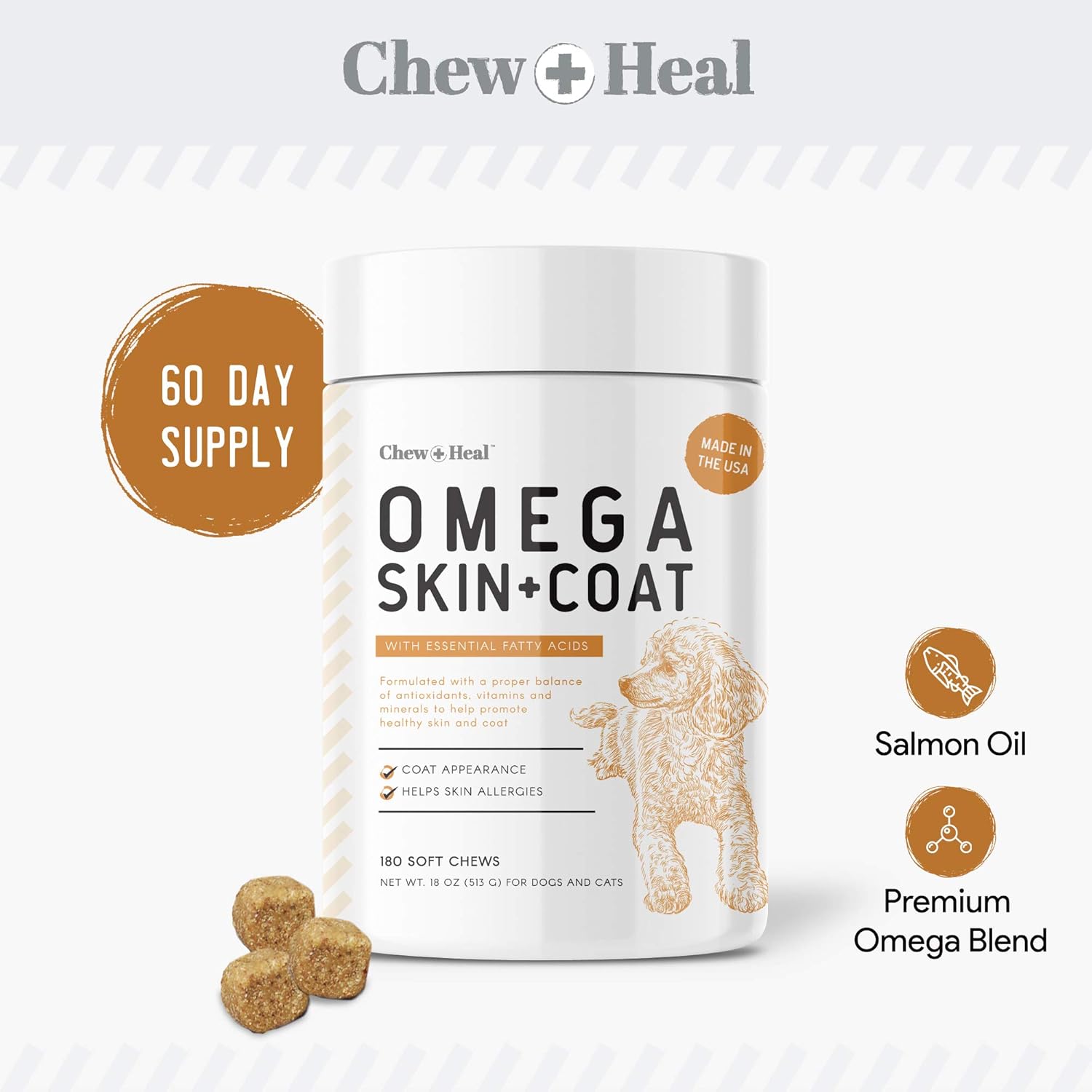 Salmon Oil Soft Chews for Dogs - Skin & Coat Omega Treats with Essential Fatty Acids, Vitamins, and Antioxidants - Made in USA - 180 Count