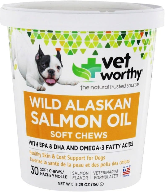 Salmon Oil Soft Chews for Dogs - Supports Healthy Skin & Coat - Omega 3 Fatty Acids - Salmon Flavor - 30 Chews