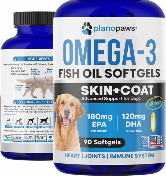 Salmon Oil Supplement for Dogs - Omega 3 Fish Oil Pills for Shedding, Allergy Relief - Supports Healthy Skin, Joints - Dog Coat and Skin Supplement - 90 EPA DHA Softgels