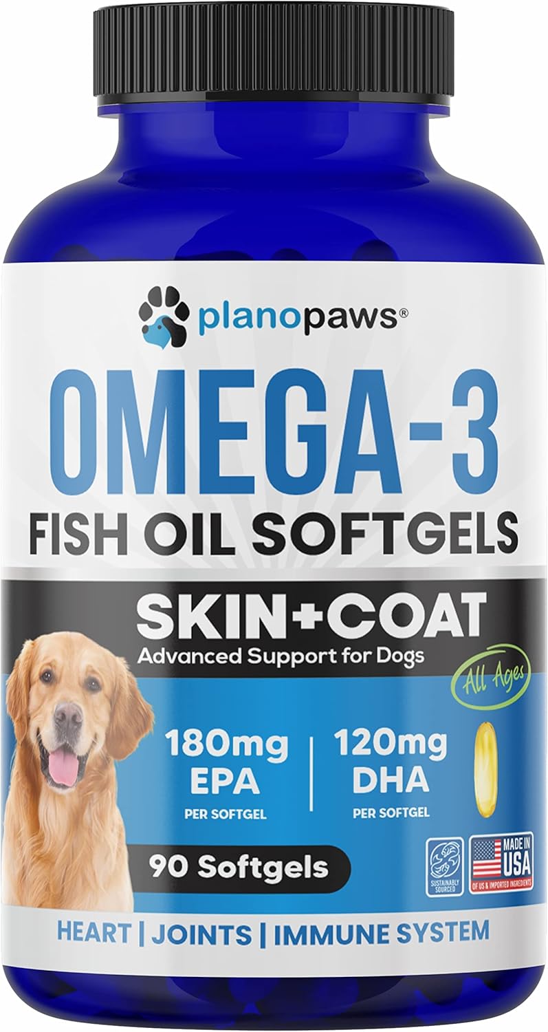 Salmon Oil Supplement for Dogs - Omega 3 Fish Oil Pills for Shedding, Allergy Relief - Supports Healthy Skin, Joints - Dog Coat and Skin Supplement - 90 EPA DHA Softgels