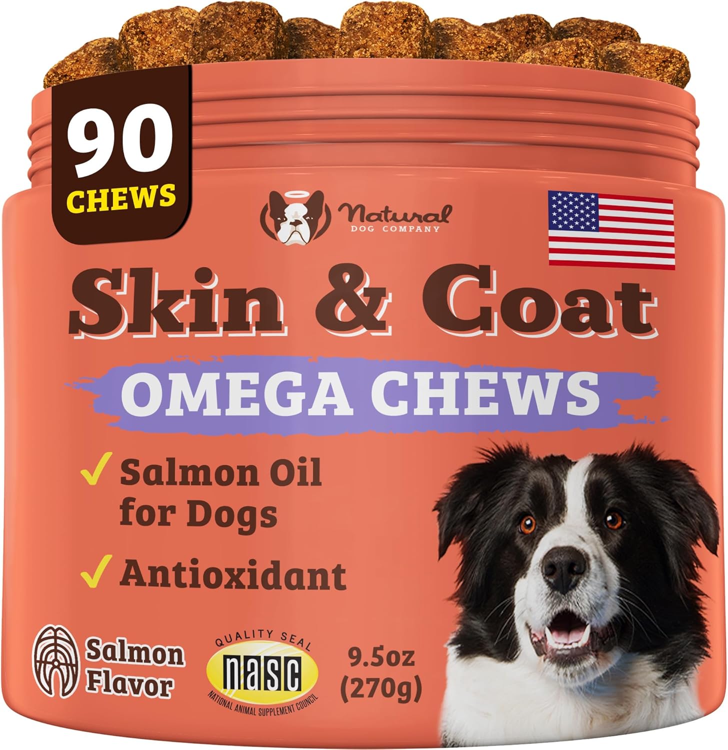 Salmon & Peas Skin & Coat Chews for Dogs - Natural Vitamins & Supplements with Itch Relief for Allergies - Biotin, Vitamin E, Omega 3, Antioxidant