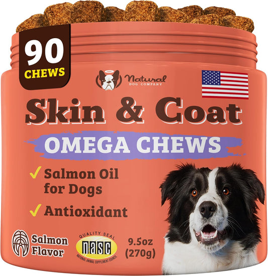 Salmon & Peas Skin & Coat Chews for Dogs - Natural Vitamins & Supplements with Itch Relief for Allergies - Biotin, Vitamin E, Omega 3, Antioxidant