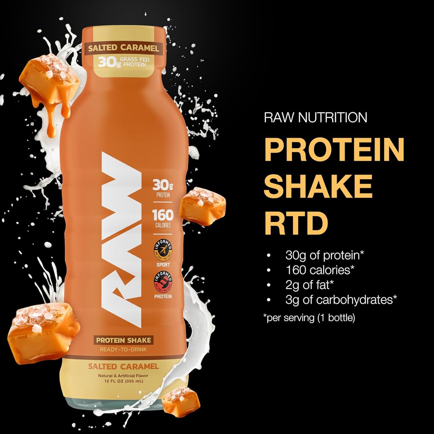 Salted Caramel Protein Shake, Ready-to-Drink with Whey Isolate - Zero Sugar & Gluten-Free Meal Replacement - 12 oz