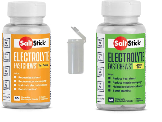 SaltStick FASTCHEWS® Variety 2-Pack - 60 Count Bottles with Tart Orange & Zesty Lemon-Lime Flavors + Free Race Ready Tube