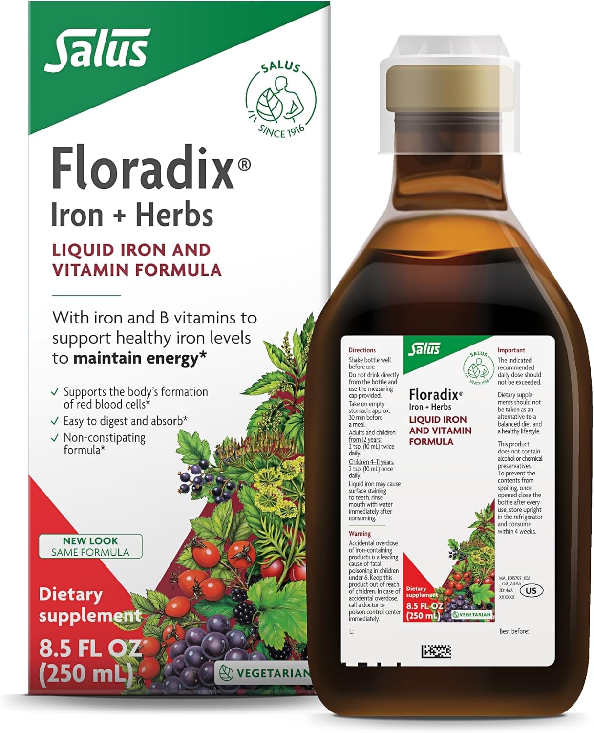 Salus Floradix Liquid Iron & Herbs Supplement for Energy - Vitamin C & B Complex - 8.5 oz Bottle for Men & Women