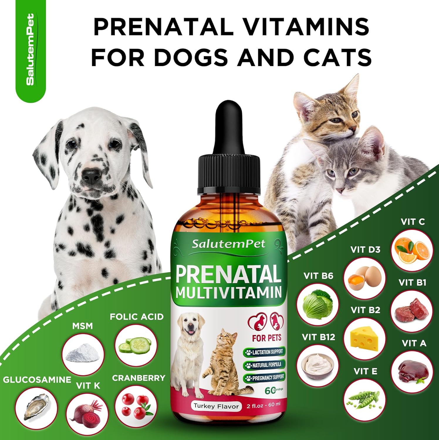 SalutemPet Dog and Cat Prenatal Vitamins - Turkey Flavor, 2 fl.oz Bottle