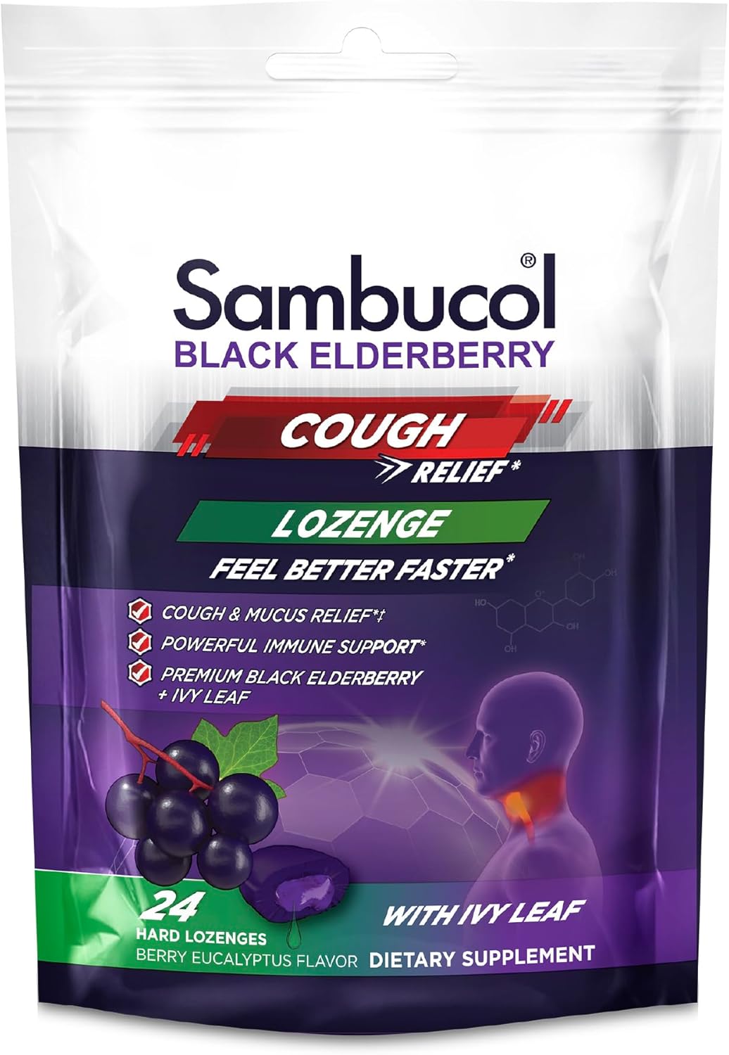 Sambucol Black Elderberry Cough Relief Lozenges with Ivy Leaf - Immune Support Berry Eucalyptus Cough Drops for Adults - 24 Count