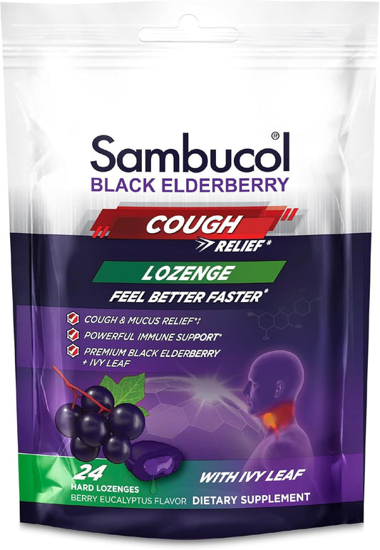 Sambucol Black Elderberry Cough Relief Lozenges with Ivy Leaf - Immune Support Berry Eucalyptus Cough Drops for Adults - 24 Count
