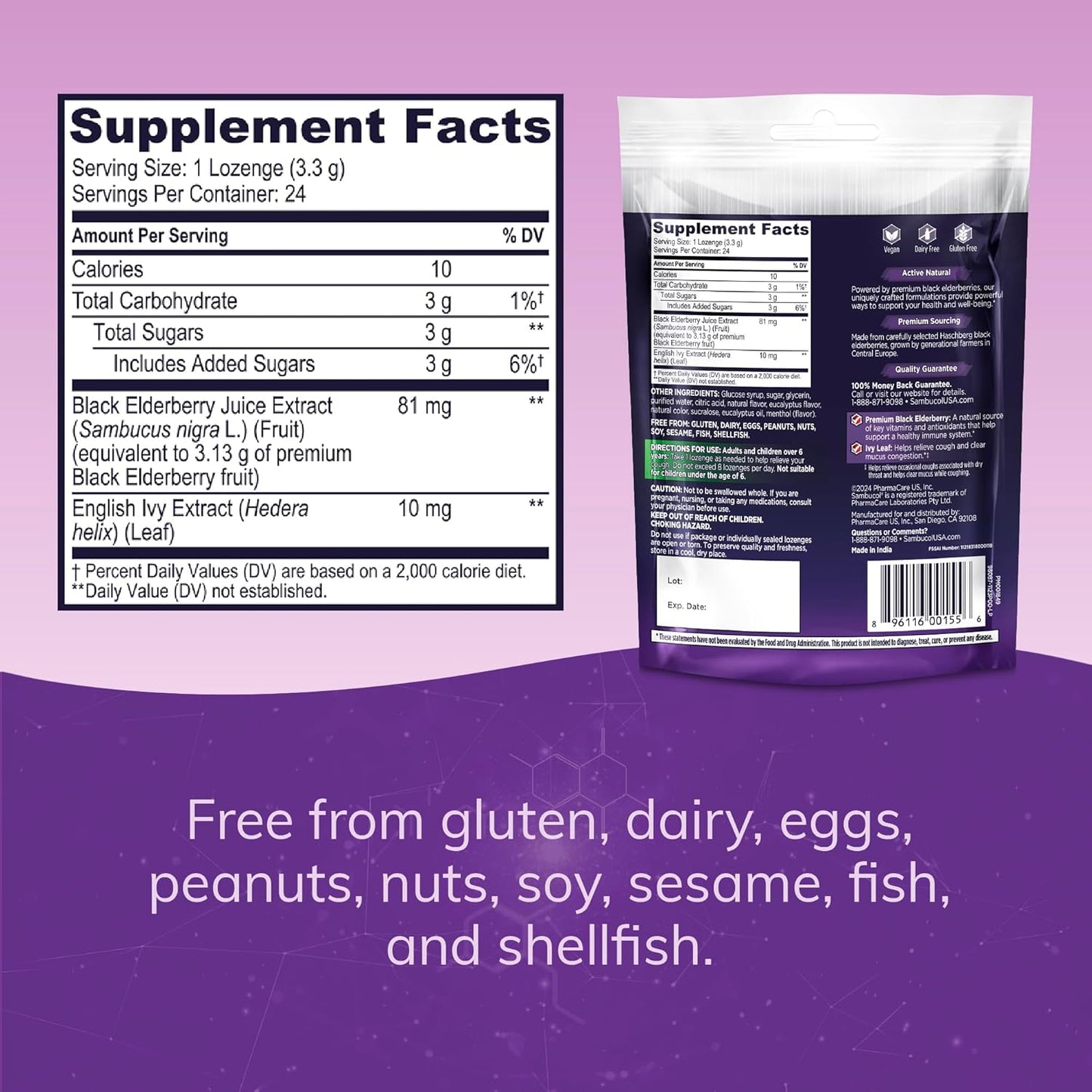 Sambucol Black Elderberry Cough Relief Lozenges with Ivy Leaf - Immune Support Berry Eucalyptus Cough Drops for Adults - 24 Count