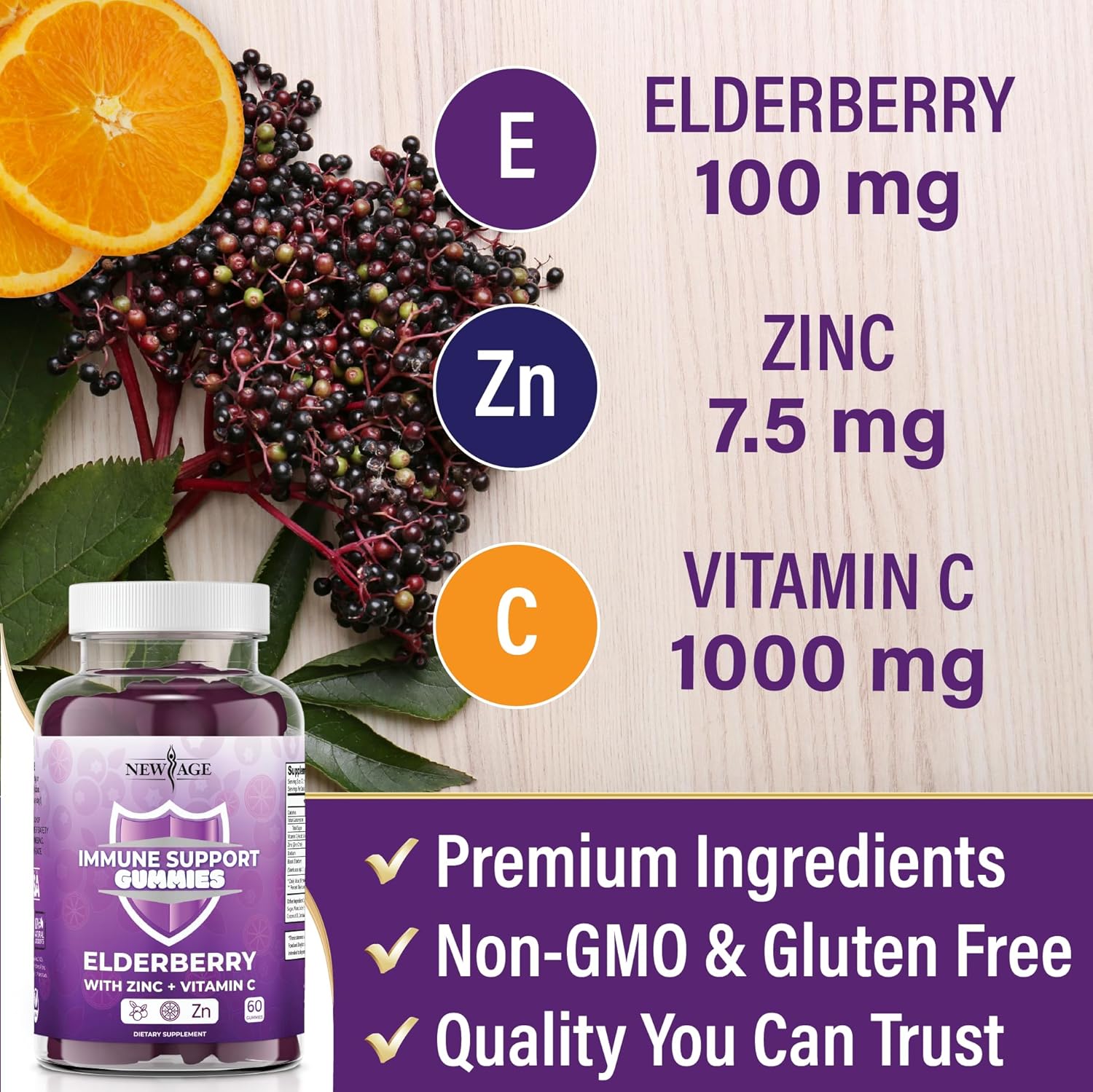 Sambucus Black Elderberry Gummies with Vitamin C and Zinc for Immune Support - 60 Gummies