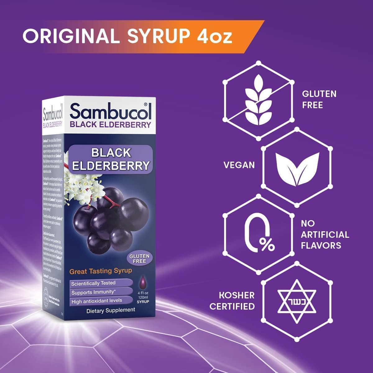 Sambucus Elderberry Syrup - Original Formula, Black Elderberry Liquid, Immune Support for Kids & Adults, High Antioxidants, Gluten-Free, 4 oz, 4-Pack