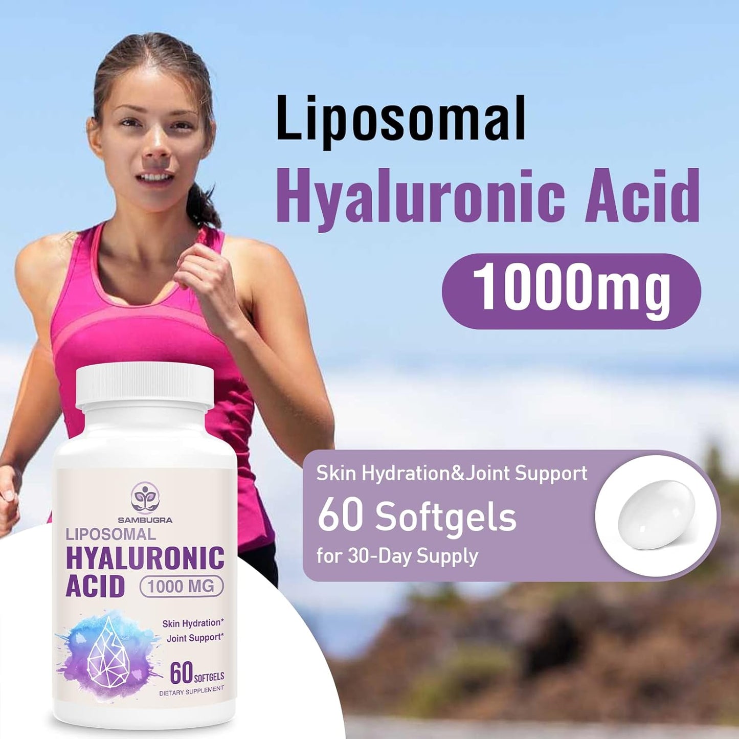 Sambugra Liposomal Hyaluronic Acid Capsules - 1000mg for Skin and Joint Support - High Bioavailability - 240 Capsules Total