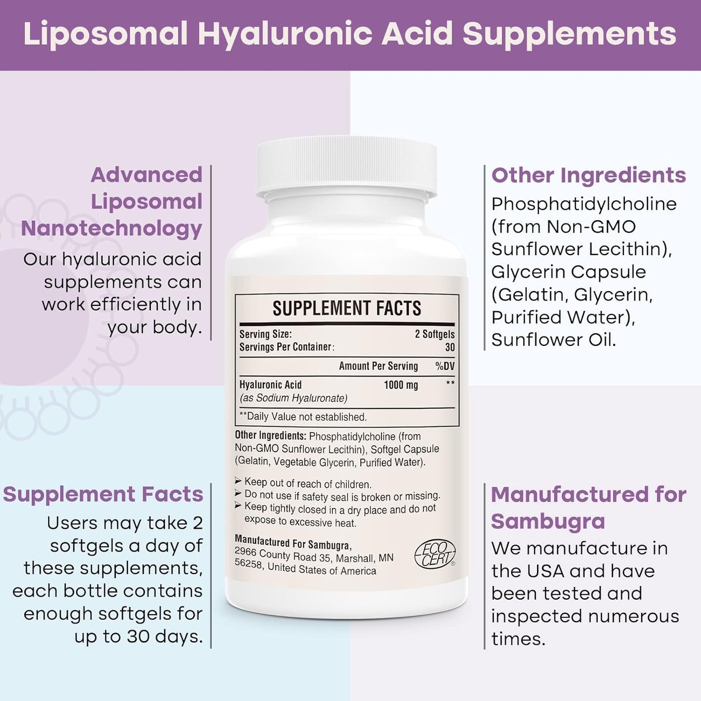 Sambugra Liposomal Hyaluronic Acid Capsules - 1000mg for Skin and Joint Support - High Bioavailability - 240 Capsules Total