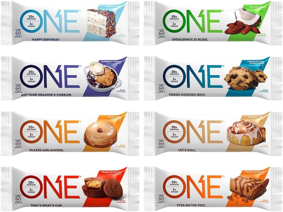 Sampler Variety Pack of ONE Protein Bars - Gluten Free with 20g Protein and 1g Sugar - Pantry Staples - 2.12 oz Bars (8 Count)