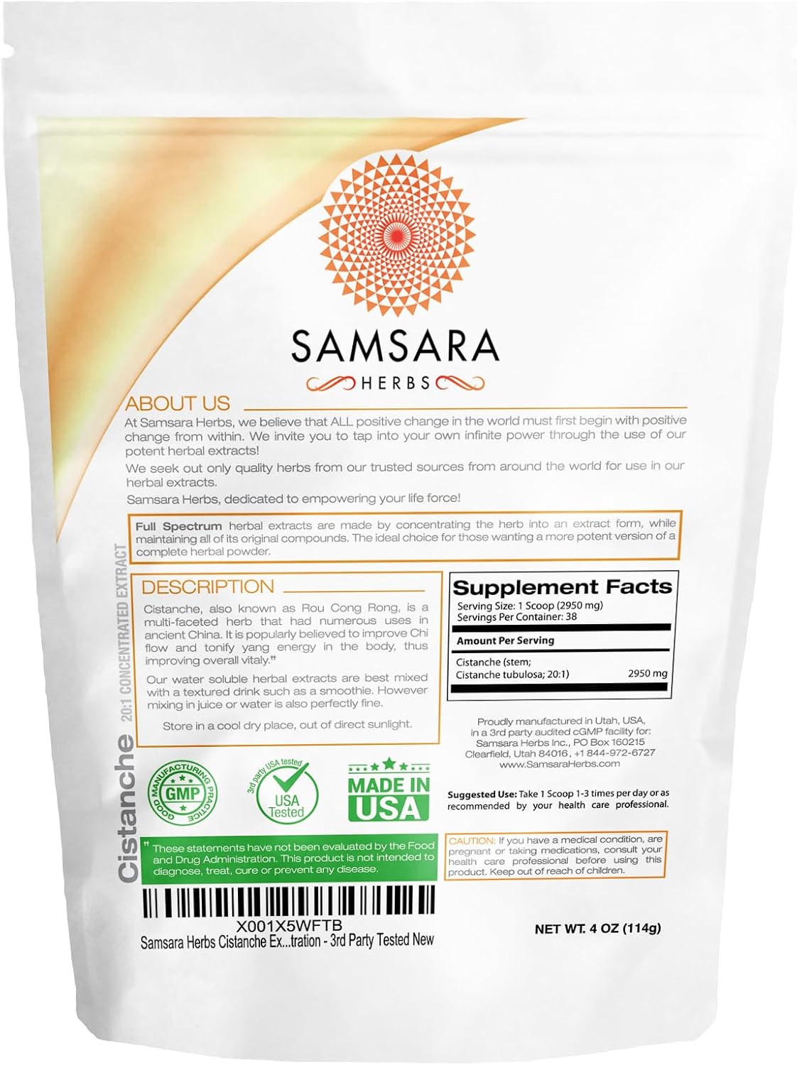 Samsara Herbs Cistanche Extract Powder - 4oz - 20:1 Concentration - USA Made - 3rd Party Tested - Boost Strength, Vitality, & Mood - 2950mg Serving Size